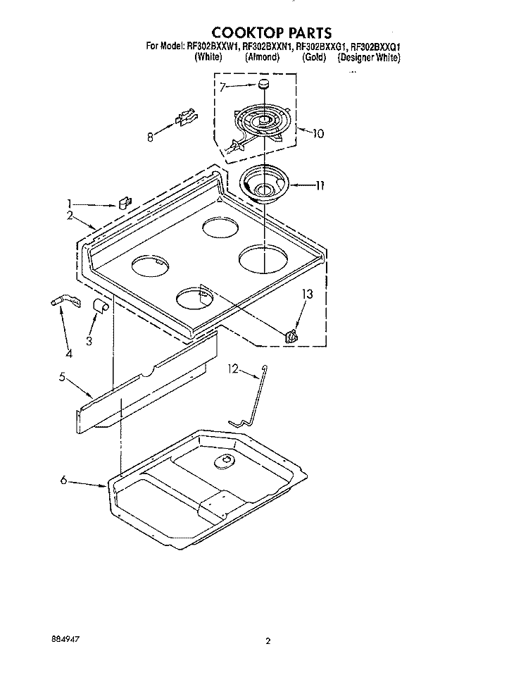 COOKTOP Diagram and Parts List for RF302BXXN1  Whirlpool Range
