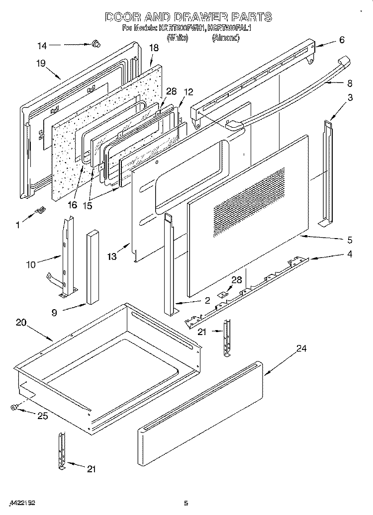 DOOR AND DRAWER Diagram and Parts List for KGRT500FWH1  KitchenAid Range