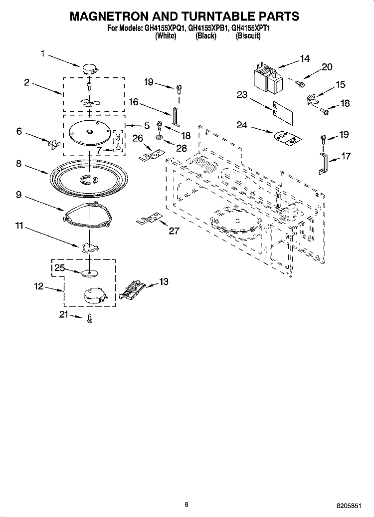 MAGNETRON AND TURNTABLE PARTS Diagram and Parts List for GH4155XPQ1  Whirlpool Microwave