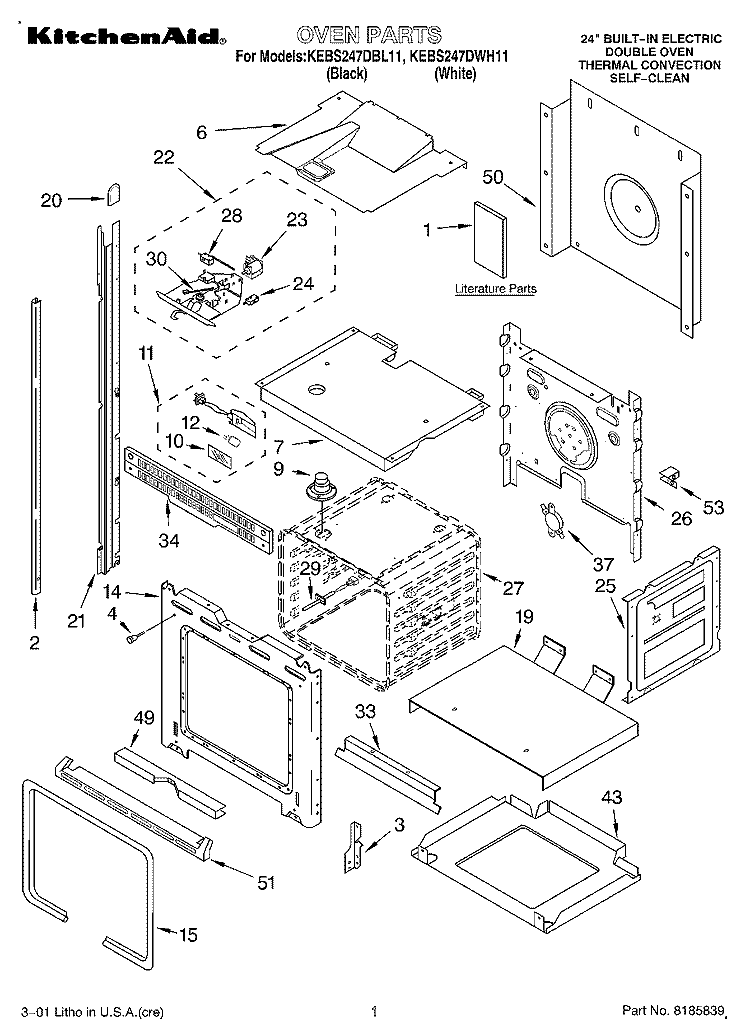 OVEN, LITERATURE Diagram and Parts List for KEBS247DBL11  KitchenAid Wall Oven