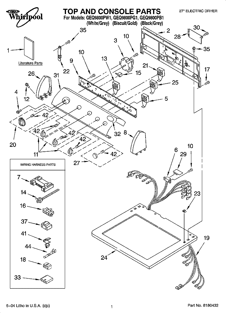 TOP AND CONSOLE PARTS Diagram and Parts List for GEQ9800PW1  Whirlpool Dryer