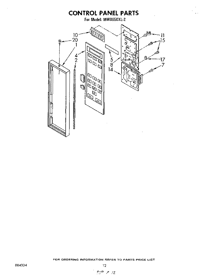 CONTROL PANEL Diagram and Parts List for MW8650XL2  Whirlpool Microwave