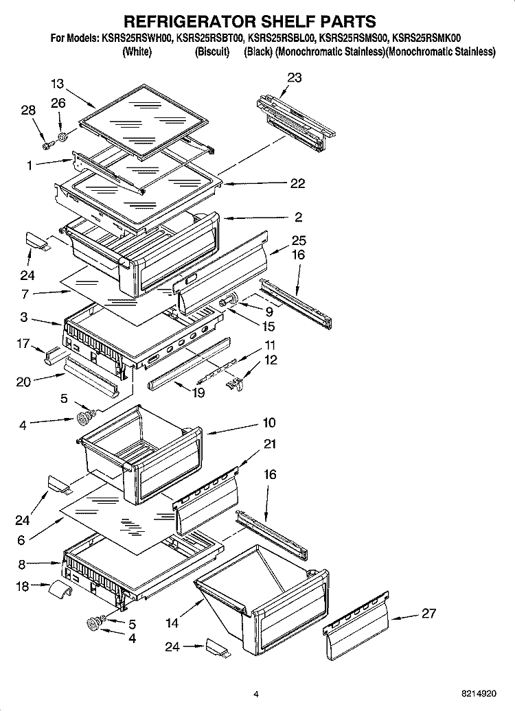 REFRIGERATOR SHELF PARTS Diagram and Parts List for KSRS25RSBL00  KitchenAid Refrigerator