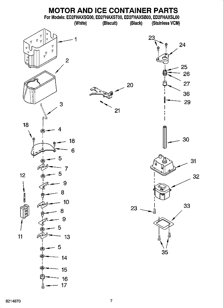 MOTOR AND ICE CONTAINER PARTS Diagram and Parts List for ED2FHAXSB00  Whirlpool Refrigerator