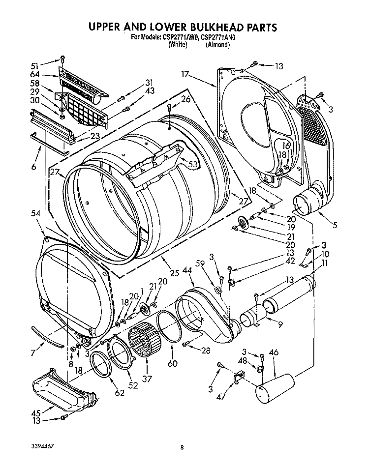 UPPER AND LOWER BULKHEAD, LIT/OPTIONAL Diagram and Parts List for CSP2771AN0  Whirlpool Dryer