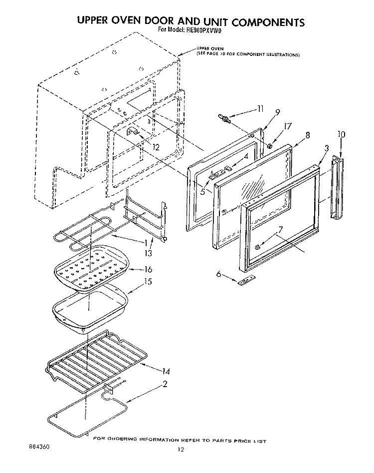 UPPER OVEN DOOR AND UNIT Diagram and Parts List for RE960PXVW0  Whirlpool Range