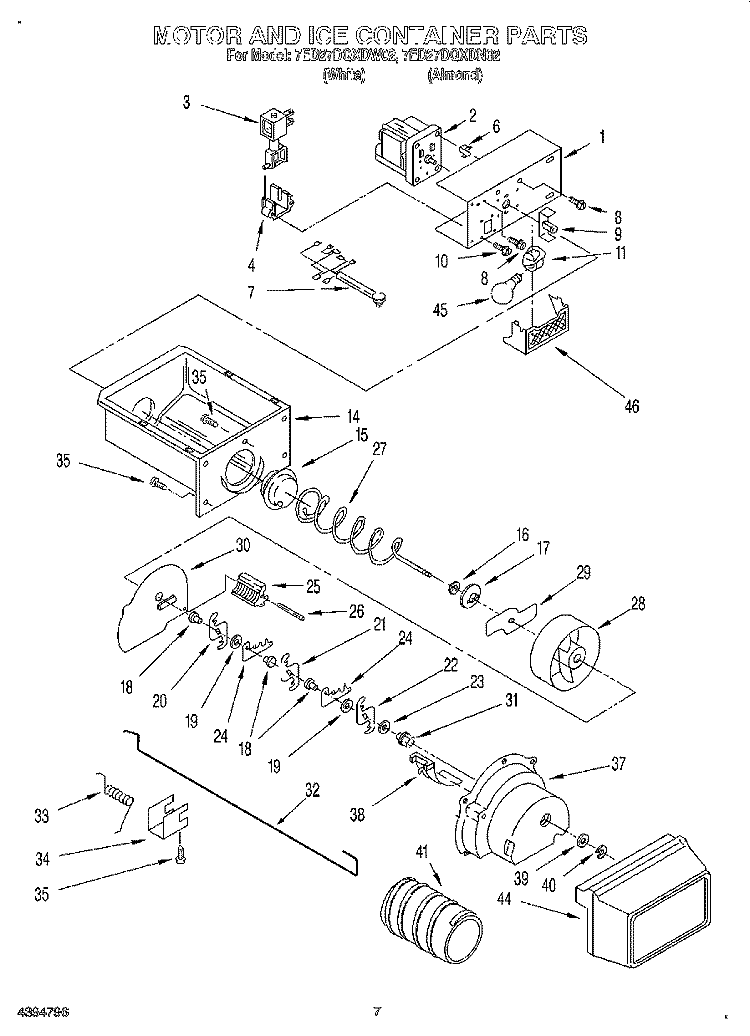 MOTOR AND ICE CONTAINER Diagram and Parts List for 7ED27DQXDN02  Whirlpool Refrigerator