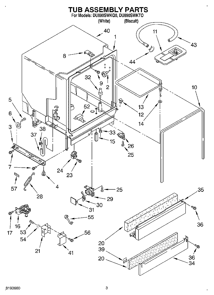 TUB ASSEMBLY Diagram and Parts List for DU890SWKT0  Whirlpool Dishwasher