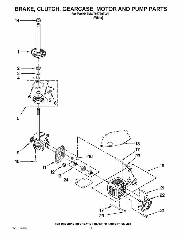 BRAKE, CLUTCH, GEARCASE, MOTOR AND PUMP PARTS Diagram and Parts List for 7MWT97770TW1  Whirlpool Washer