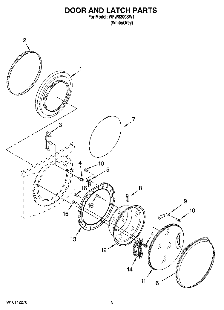 DOOR AND LATCH PARTS Diagram and Parts List for WFW8300SW1  Whirlpool Washer