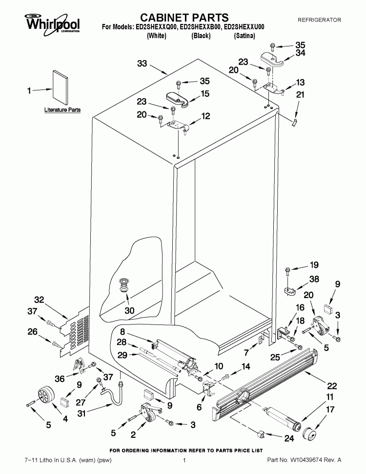 CABINET PARTS Diagram and Parts List for ED2SHEXXB00  Whirlpool Refrigerator