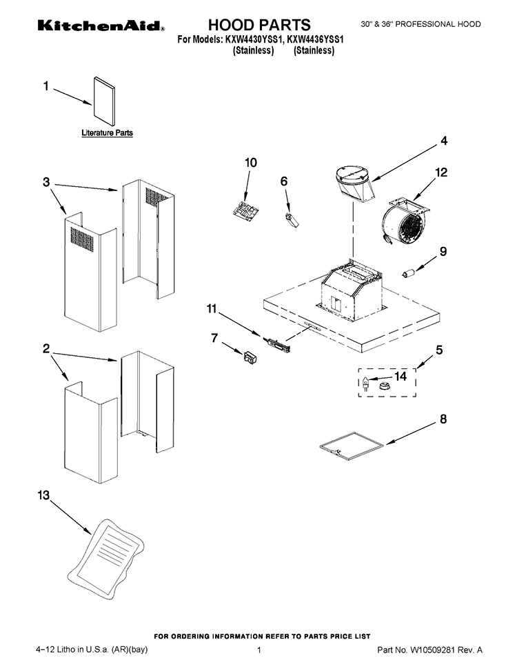 HOOD PARTS Diagram and Parts List for KXW4436YSS1  KitchenAid Range Hood