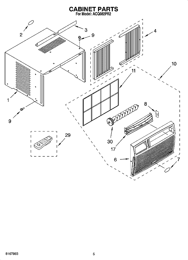 CABINET PARTS Diagram and Parts List for ACQ082PR2  Whirlpool Air Conditioner