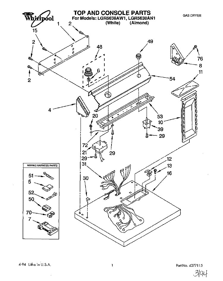 TOP & CONSOLE, LIT/OPTIONAL Diagram and Parts List for LGR5638AN1  Whirlpool Dryer