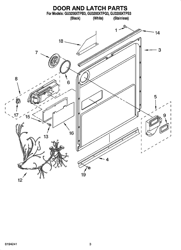DOOR AND LATCH PARTS Diagram and Parts List for GU3200XTPS3  Whirlpool Dishwasher