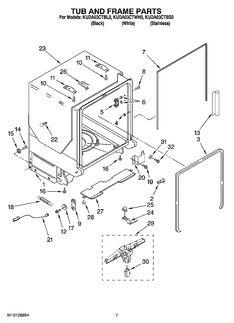 TUB AND FRAME PARTS Diagram and Parts List for KUDA03CTBS0  KitchenAid Dishwasher