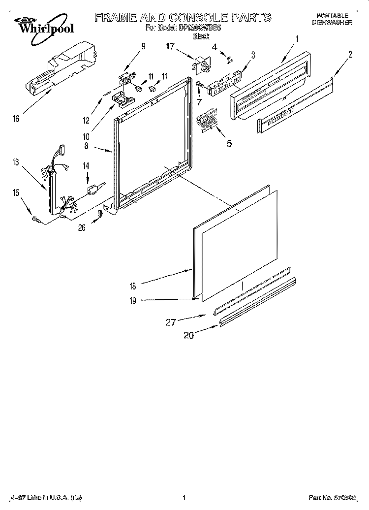 FRAME AND CONSOLE Diagram and Parts List for DP920QWDB5  Whirlpool Dishwasher