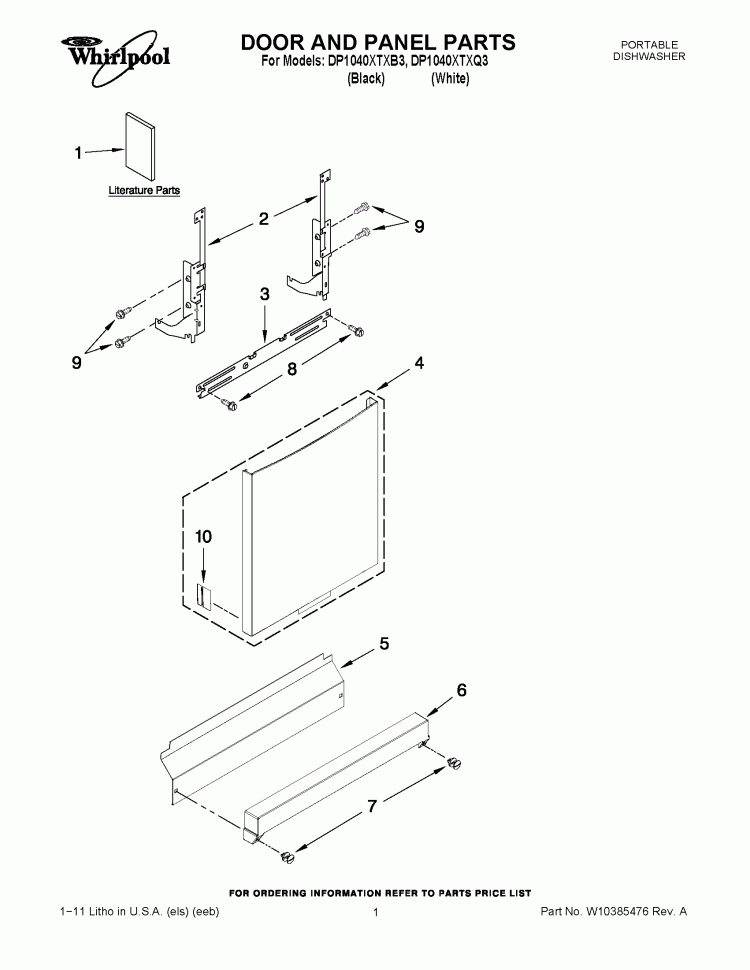 DOOR AND PANEL PARTS Diagram and Parts List for DP1040XTXB3  Whirlpool Dishwasher