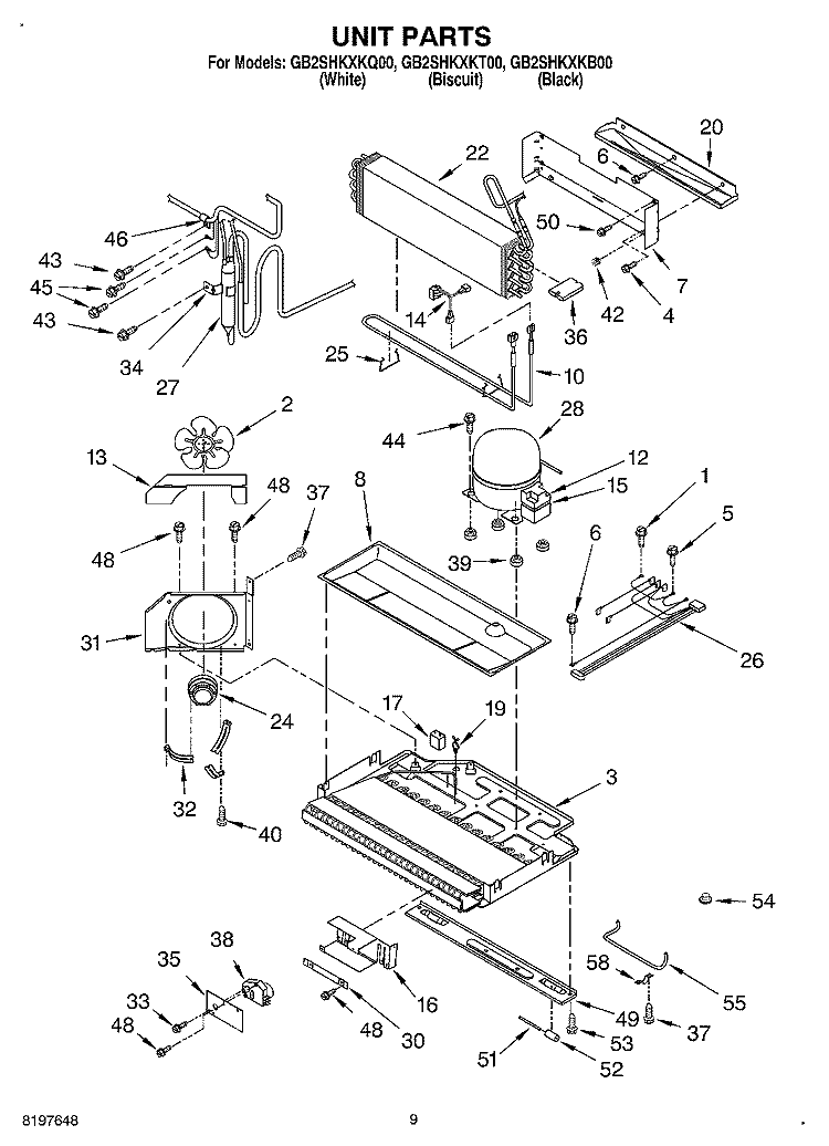 UNIT Diagram and Parts List for GB2SHKXKQ00  Whirlpool Refrigerator