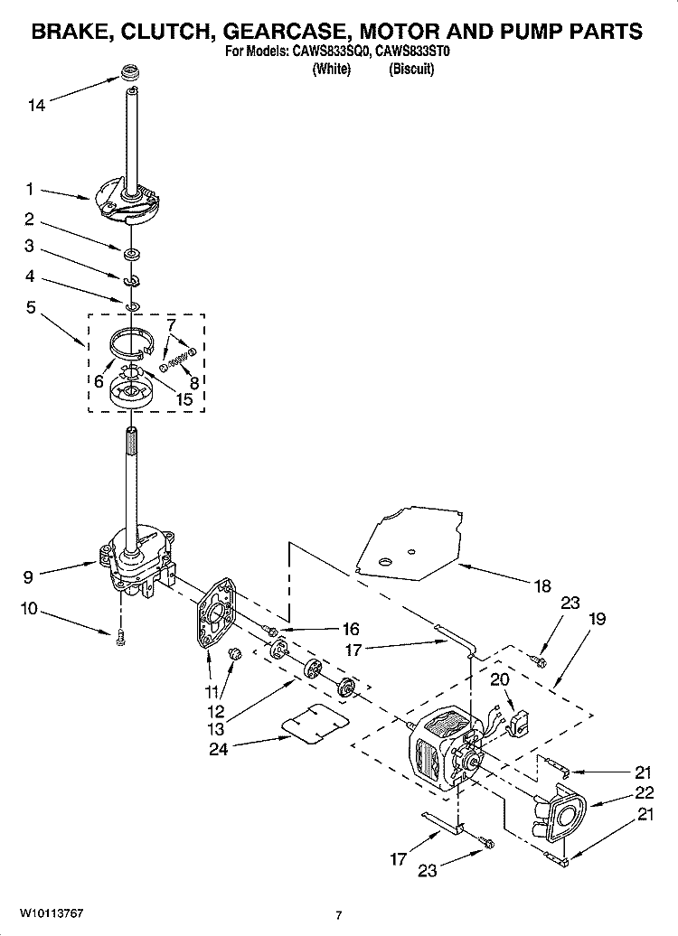 BRAKE, CLUTCH, GEARCASE, MOTOR AND PUMP PARTS Diagram and Parts List for CAWS833ST0  Crosley Washer