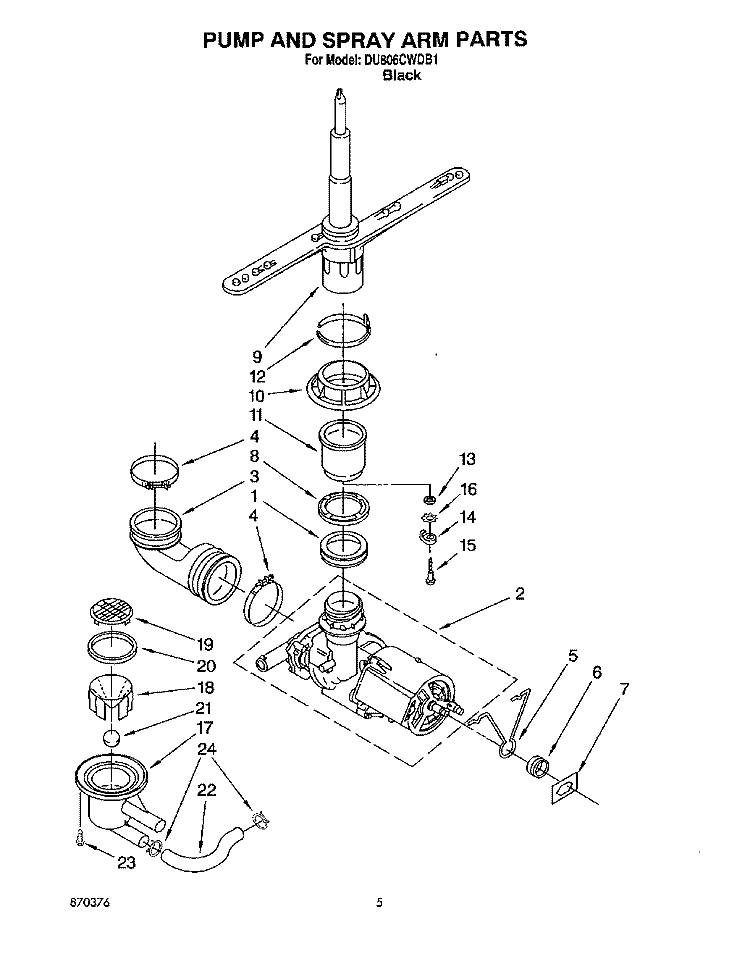 PUMP AND SPRAY ARM Diagram and Parts List for DU806CWDB1  Whirlpool Dishwasher