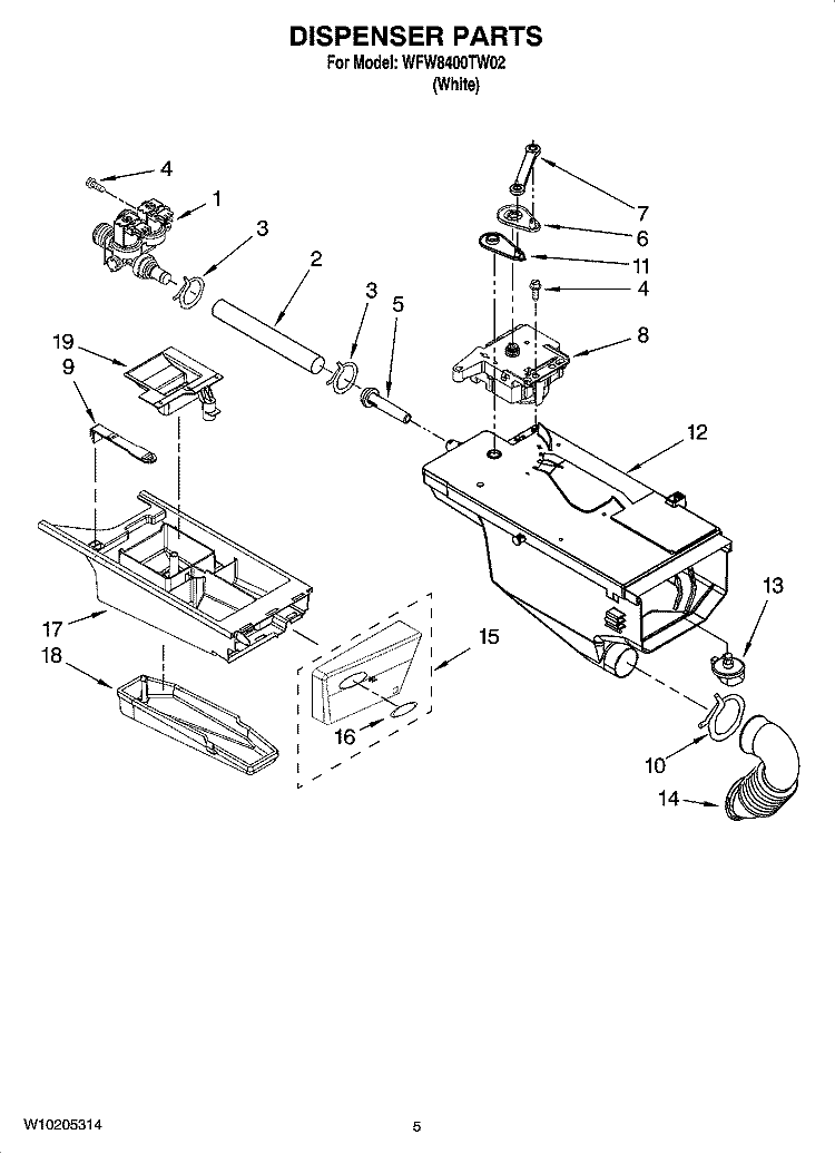 DISPENSER PARTS Diagram and Parts List for WFW8400TW02  Whirlpool Washer