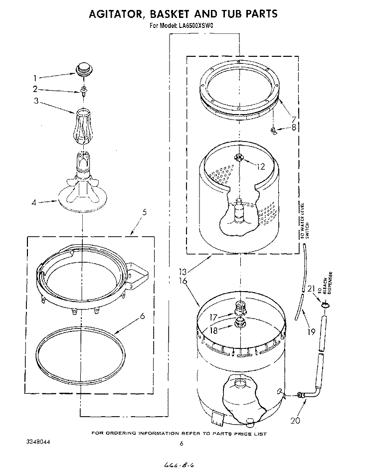AGITATOR, BASKET AND TUB Diagram and Parts List for LA6500XSW0  Whirlpool Washer