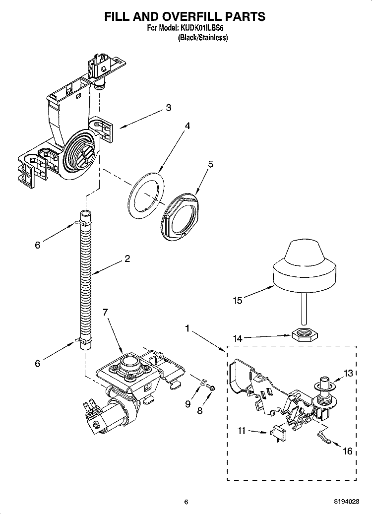 FILL AND OVERFILL PARTS Diagram and Parts List for KUDK01ILBS6  KitchenAid Dishwasher