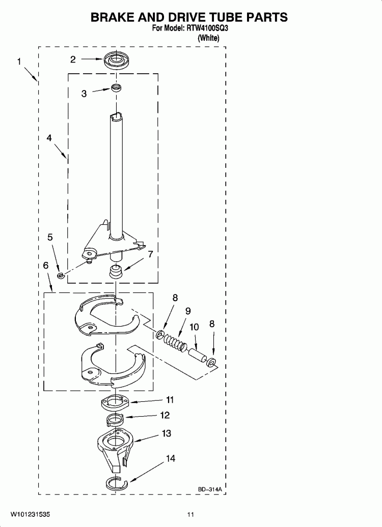 BRAKE AND DRIVE TUBE PARTS Diagram and Parts List for RTW4100SQ3  Roper Washer