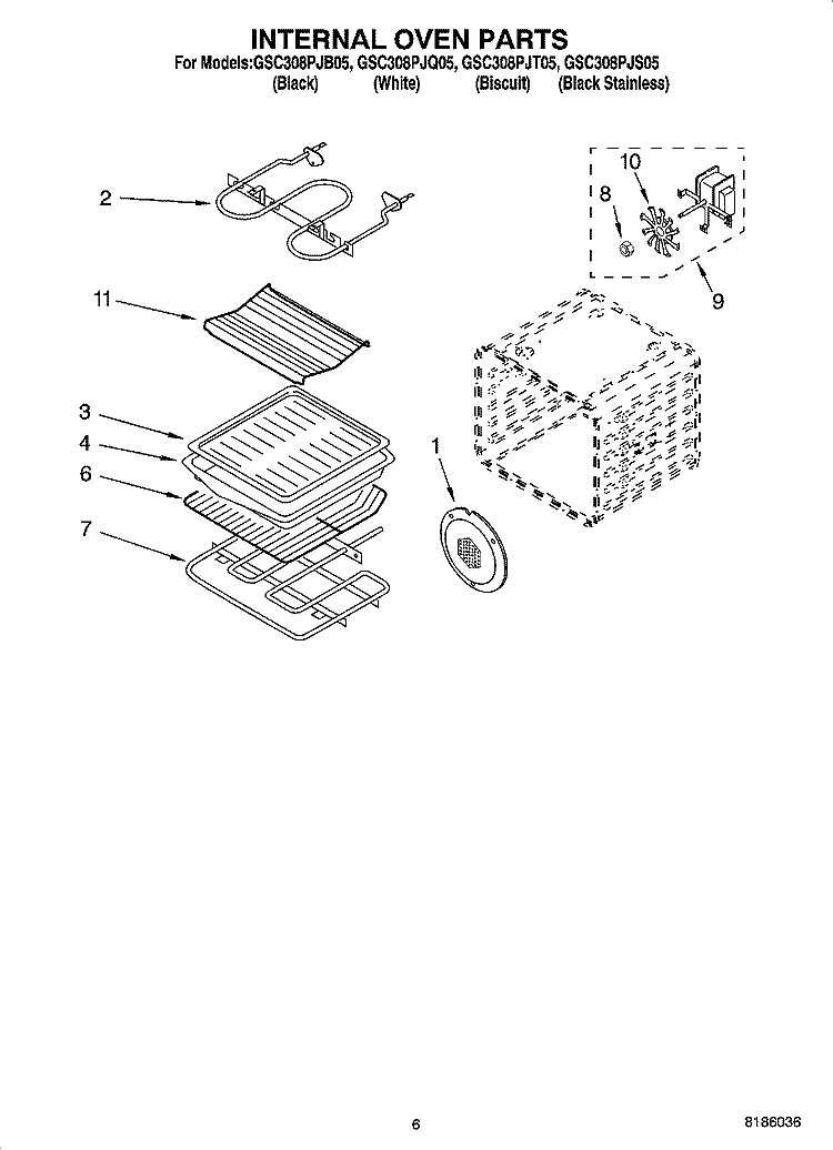 INTERNAL OVEN PARTS Diagram and Parts List for GSC308PJB05  Whirlpool Microwave Oven Combo