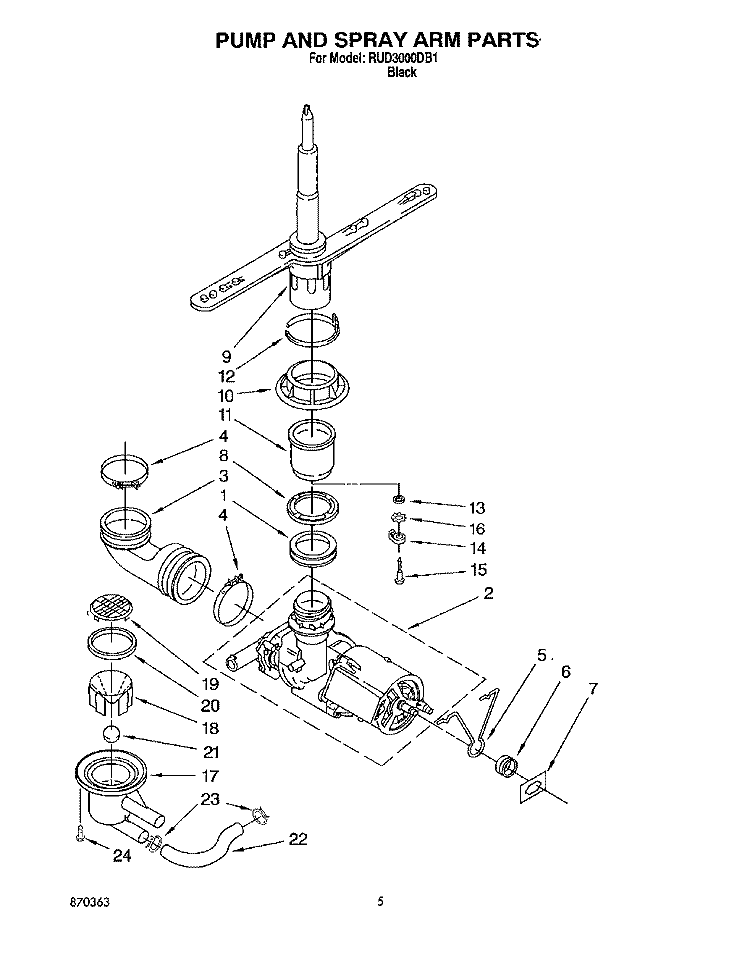 PUMP AND SPRAY ARM Diagram and Parts List for RUD3000DB1  Roper Dishwasher