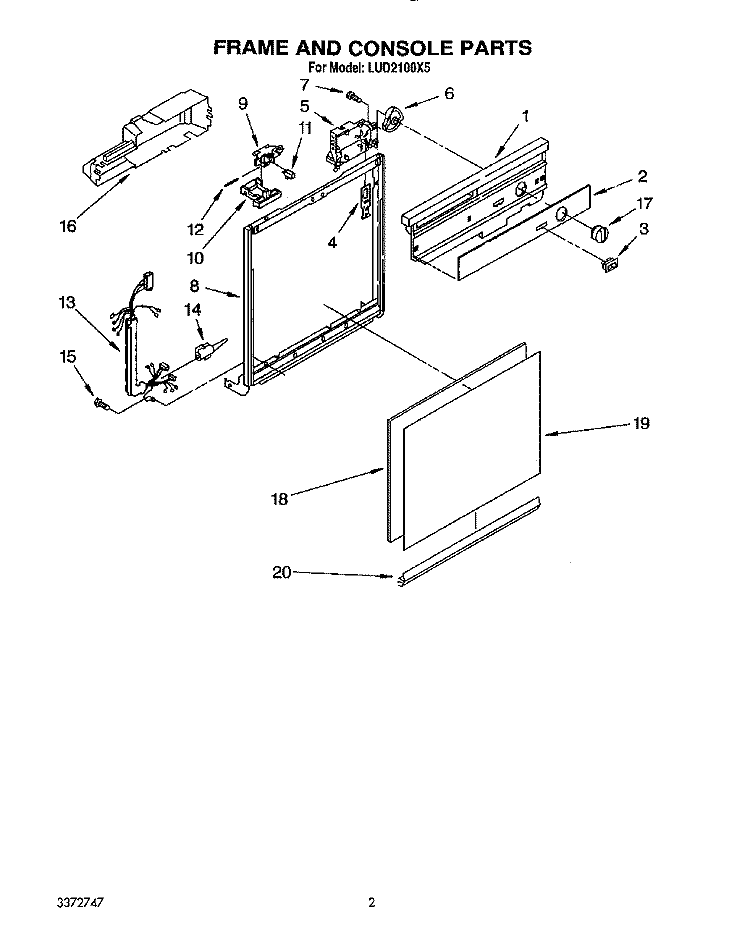 FRAME AND CONSOLE Diagram and Parts List for LUD2100X5  Whirlpool Dishwasher