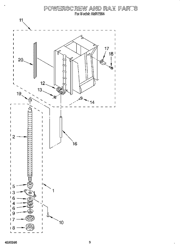 POWER SCREW AND RAM Diagram and Parts List for AMB7554  Whirlpool Trash Compactor