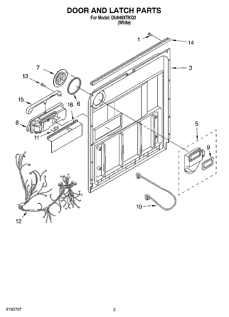 DOOR AND LATCH Diagram and Parts List for DU640XTKQ0  Whirlpool Dishwasher
