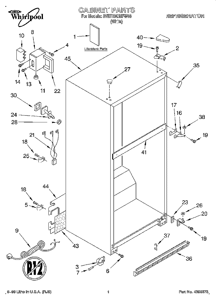 CABINET, LITERATURE Diagram and Parts List for 3VET19GMFW03  Whirlpool Refrigerator
