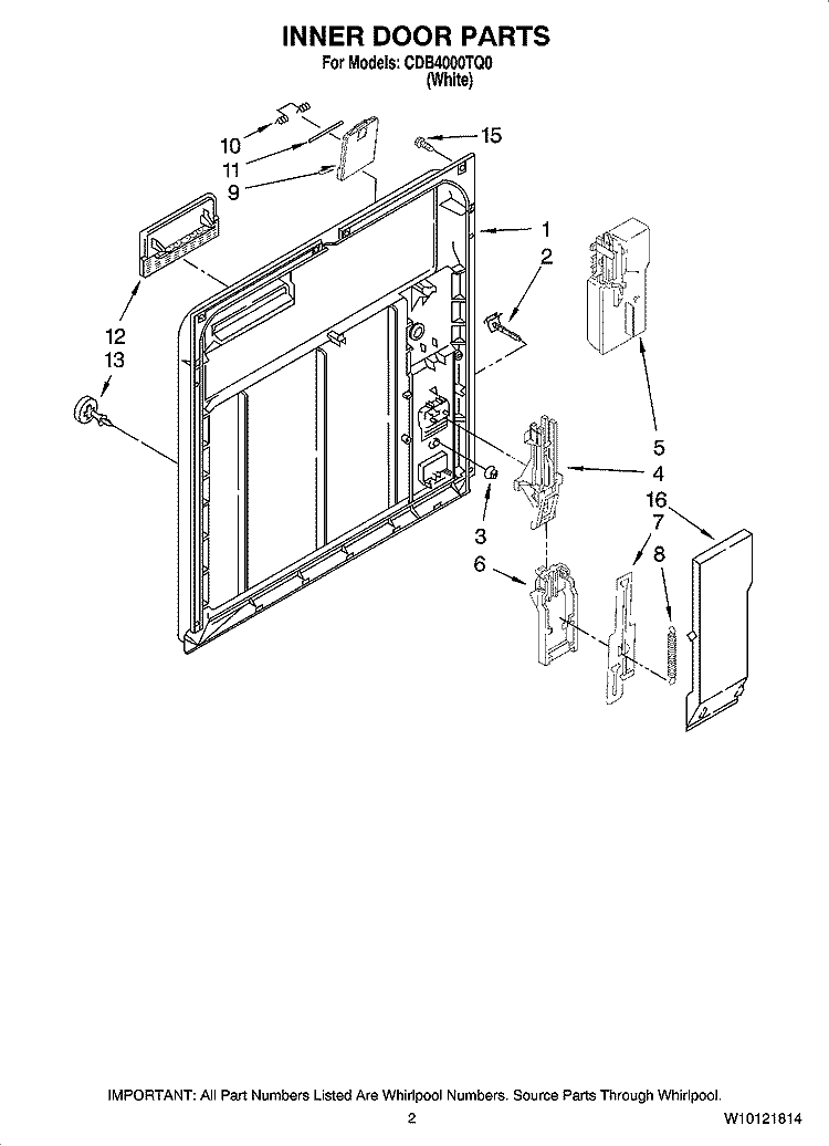 INNER DOOR PARTS Diagram and Parts List for CDB4000TQ0  Whirlpool Dishwasher