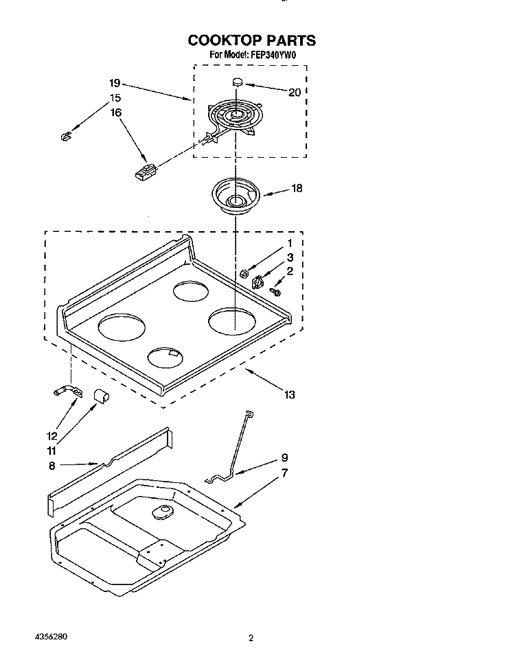 COOKTOP Diagram and Parts List for FEP340YW0  Roper Range