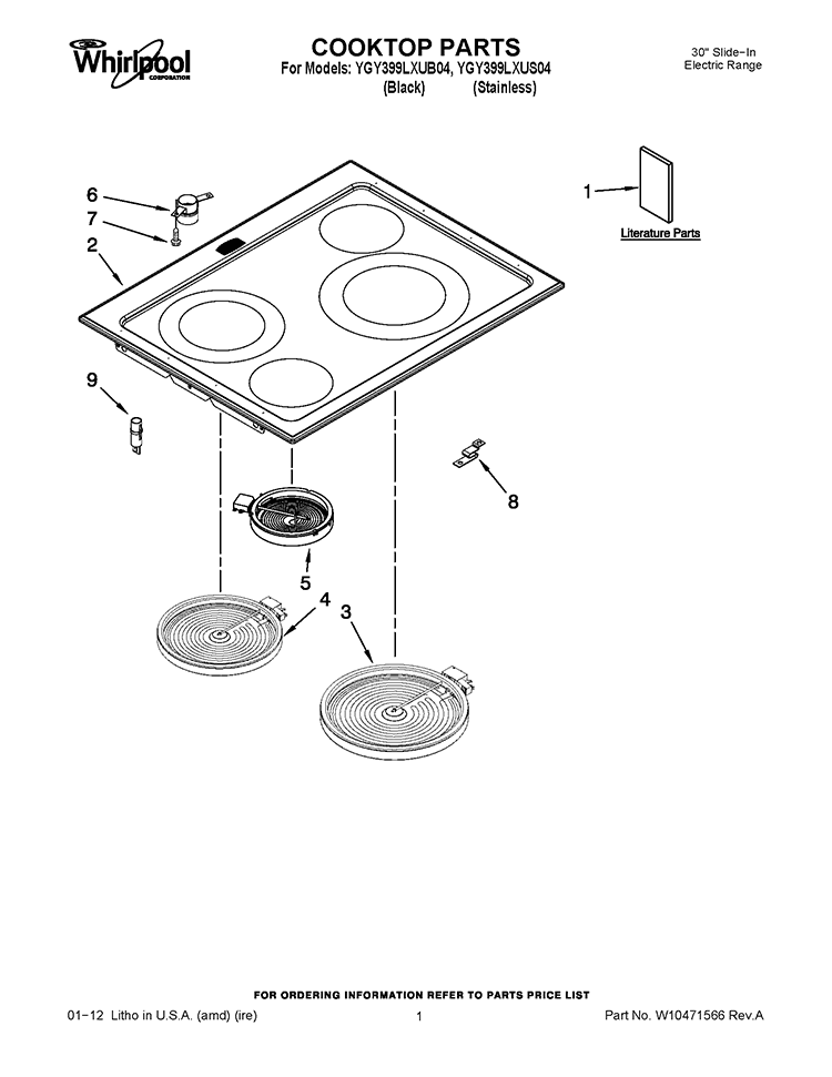 COOKTOP PARTS Diagram and Parts List for YGY399LXUB04  Whirlpool Range