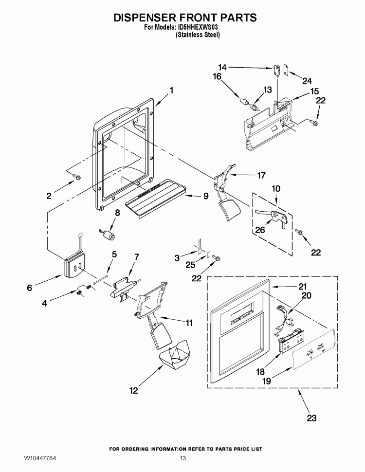 DISPENSER FRONT PARTS Diagram and Parts List for ID5HHEXWS03  Whirlpool Refrigerator
