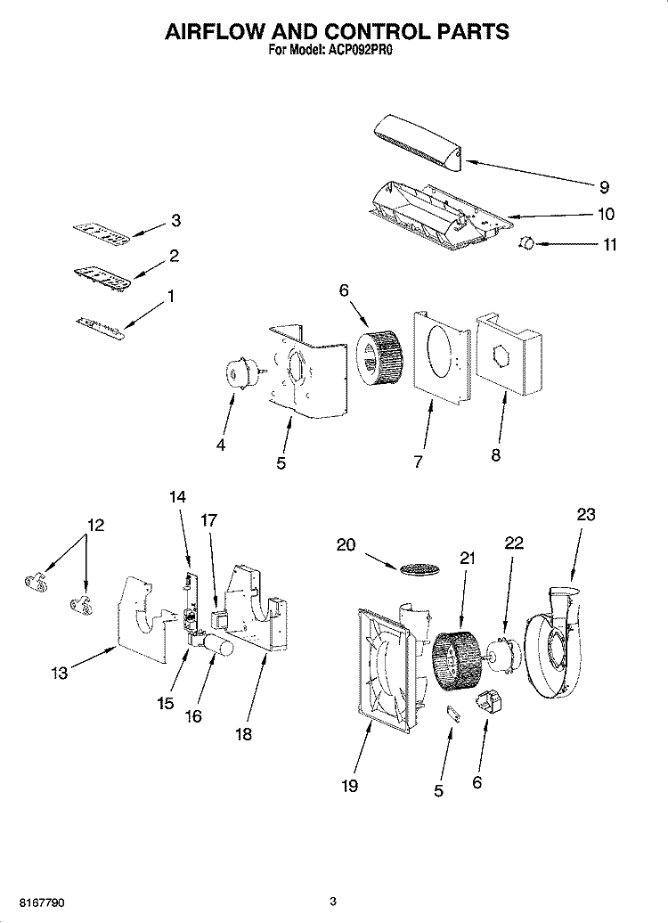 AIR FLOW AND CONTROL PARTS Diagram and Parts List for ACP092PR0  Whirlpool Air Conditioner