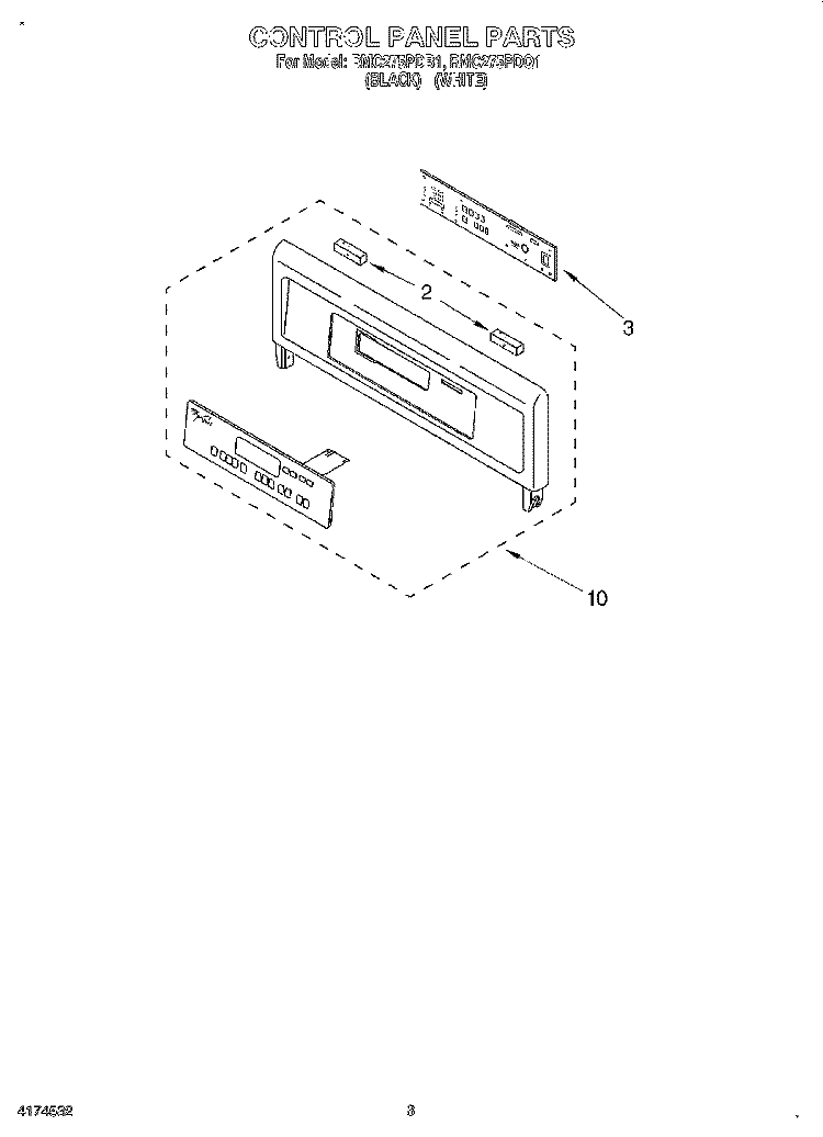 CONTROL PANEL, LITERATURE Diagram and Parts List for RMC275PDB1  Whirlpool Microwave Oven Combo