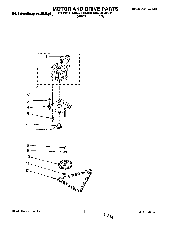 MOTOR AND DRIVE, LITERATURE Diagram and Parts List for KUCC151DBL0  KitchenAid Trash Compactor