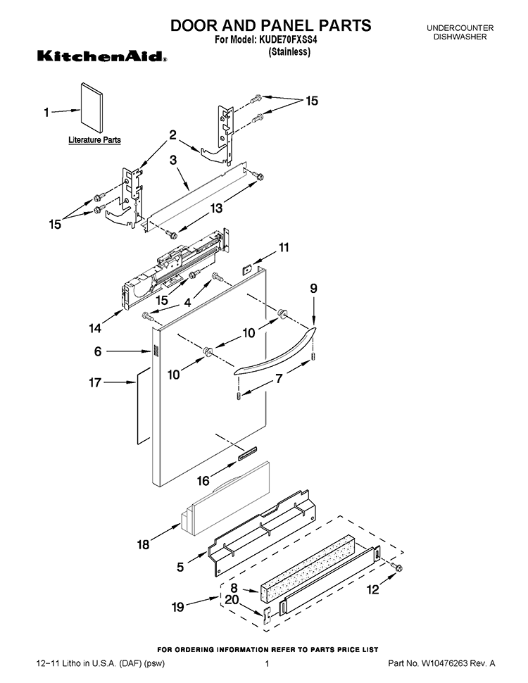 DOOR AND PANEL PARTS Diagram and Parts List for KUDE70FXSS4  KitchenAid Dishwasher