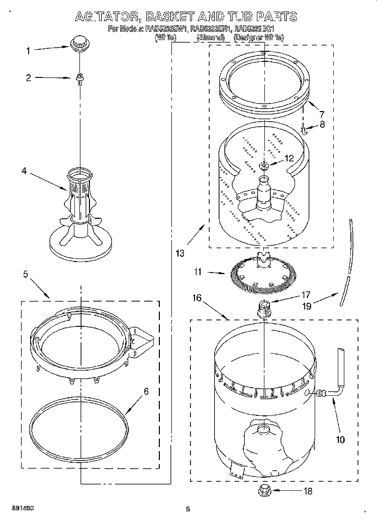 AGITATOR, BASKET AND TUB Diagram and Parts List for RAB5232EN1  Roper Washer