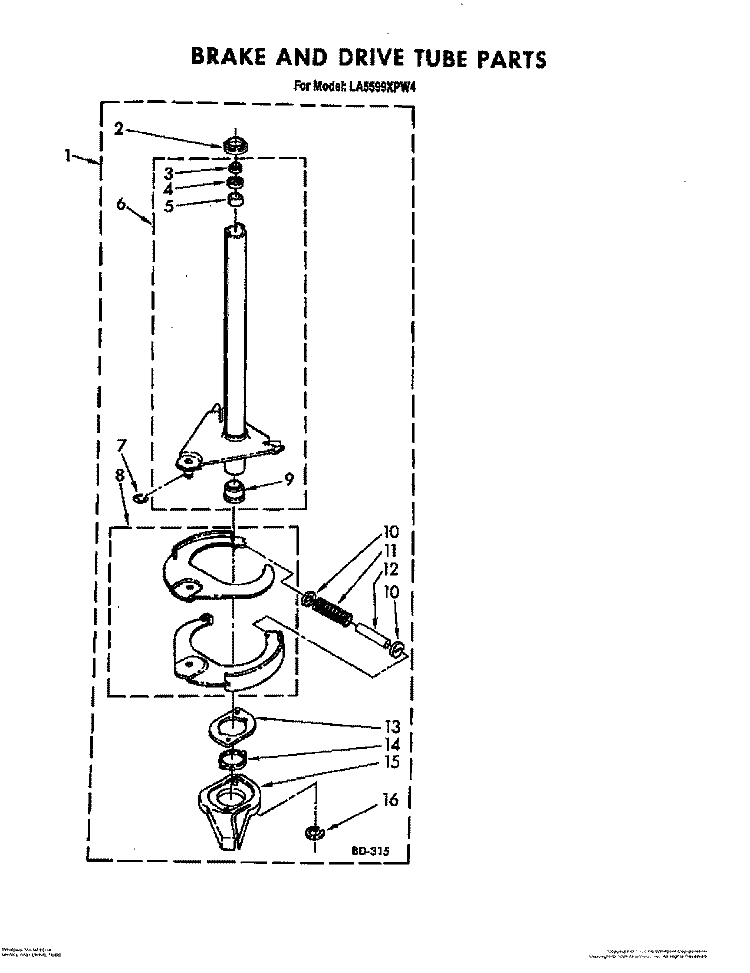 BRAKE AND DRIVE TUBE Diagram and Parts List for LA5599XPW4  Whirlpool Washer