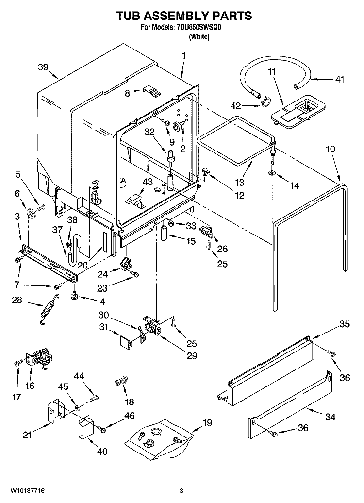 TUB ASSEMBLY PARTS Diagram and Parts List for 7DU850SWSQ0  Whirlpool Dishwasher