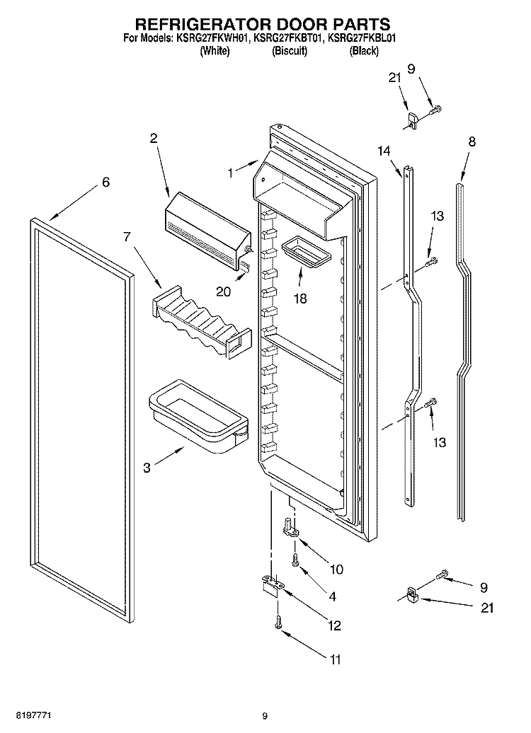 REFRIGERATOR DOOR Diagram and Parts List for KSRG27FKBT01  KitchenAid Refrigerator