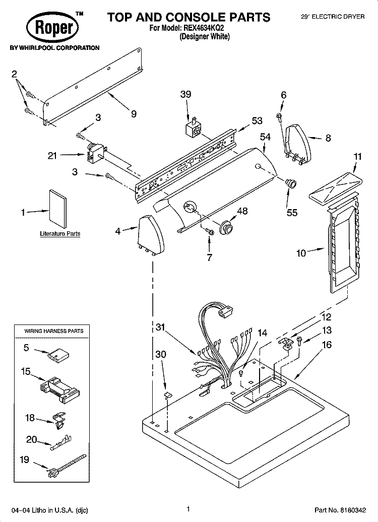 TOP AND CONSOLE PARTS OPTIONAL PARTS (NOT INCLUDED) Diagram and Parts List for REX4634KQ2  Roper Dryer