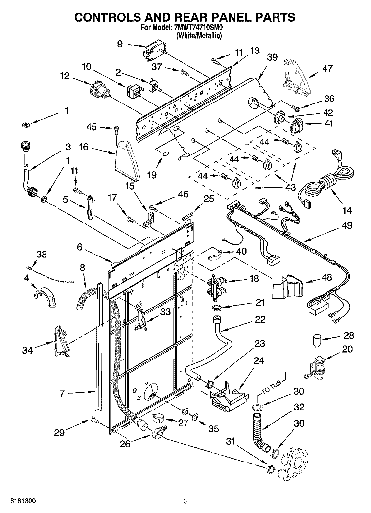 CONTROLS AND REAR PANEL PARTS Diagram and Parts List for 7MWT74710SM0  Whirlpool Washer