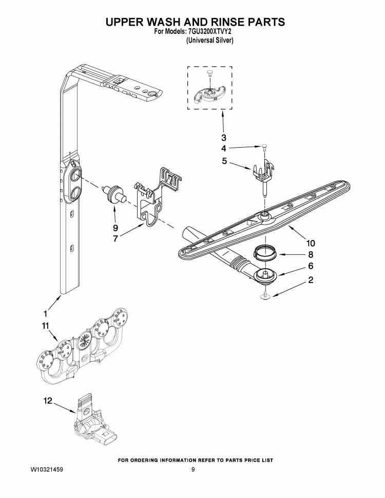 UPPER WASH AND RINSE PARTS Diagram and Parts List for 7GU3200XTVY2  Whirlpool Dishwasher
